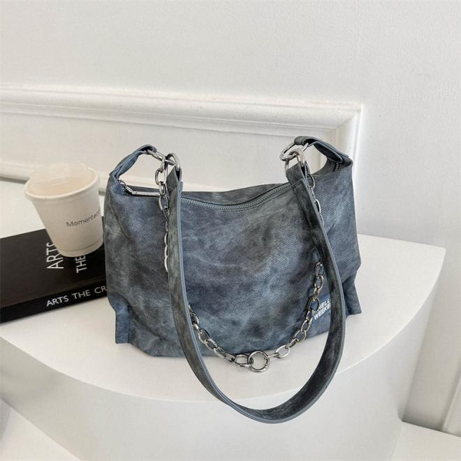 Sac Voyou Chain Medium En Denim Délavé  | Femme Sacs Porté Épaule Femme BLEU MOYEN